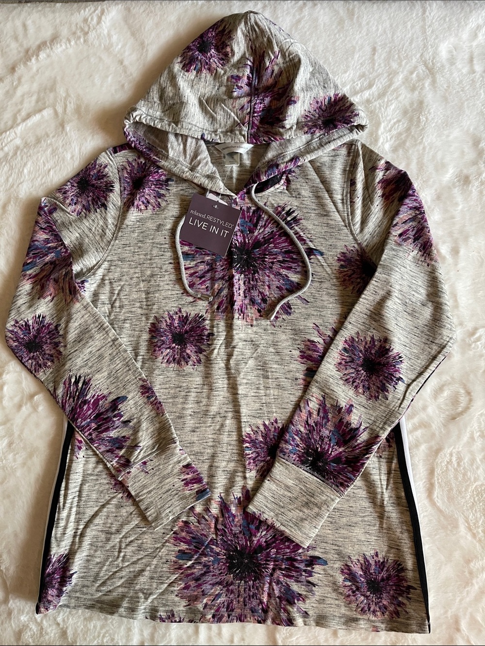 Christopher & Banks Women’s Gray Hooded Pullover with Purple Floral Print SZ M